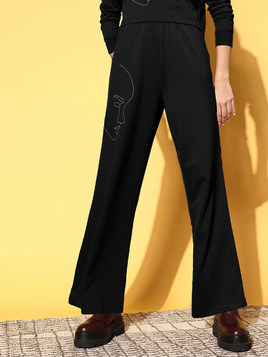 Women Black Terry Line Art Track Pants-SFPANT50960