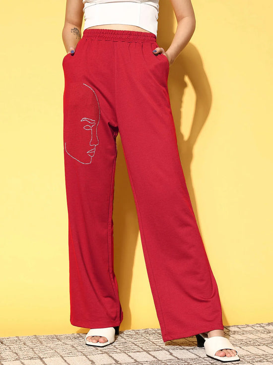 Women Red Terry Line Art Track Pants-SFPANT50962