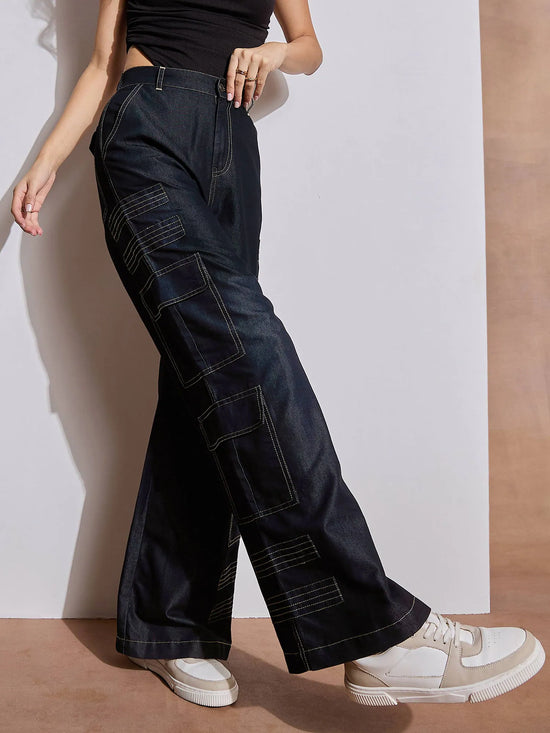 Women Black Tencel Contrast Stitch Cargo Pants-SFPANT50972