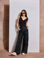 Women Black Tencel Contrast Stitch Cargo Pants-SFPANT50972