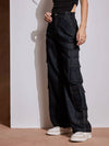 Women Black Tencel Contrast Stitch Cargo Pants-SFPANT50972