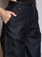 Women Black Tencel Contrast Stitch Cargo Pants-SFPANT50972