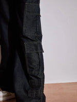 Women Black Tencel Contrast Stitch Cargo Pants-SFPANT50972