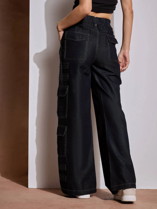 Women Black Tencel Contrast Stitch Cargo Pants-SFPANT50972