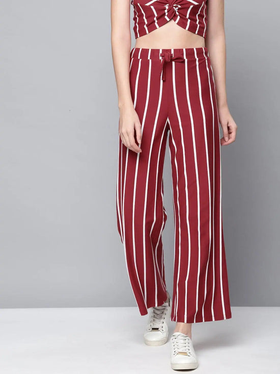 Maroon Stripes Drawstring Wide Leg Pants