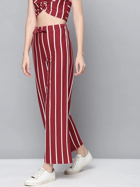 Maroon Stripes Drawstring Wide Leg Pants