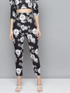 Black Floral Scuba Front Button High Waist Pants