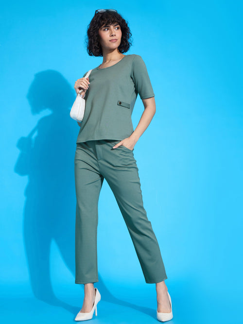 Women Green Half Sleeves Top With Tapered Pants