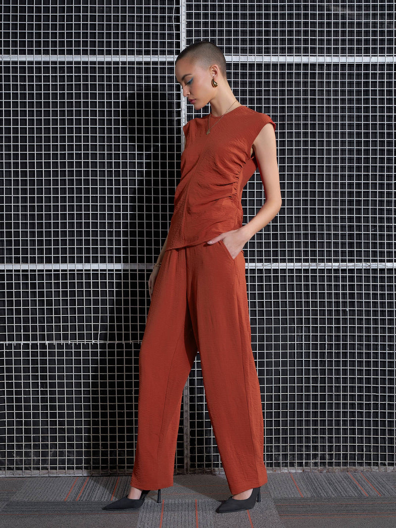 Women Rust Pleated Sleeveless Top With Pants