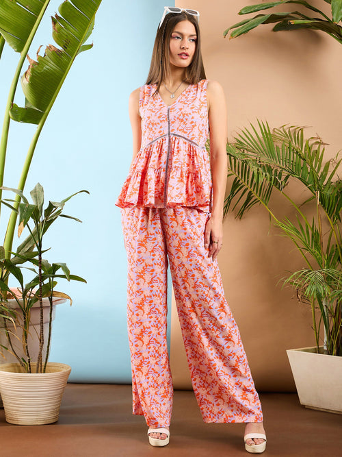 Women Orange Floral Tiered Top With Palazzo Pants