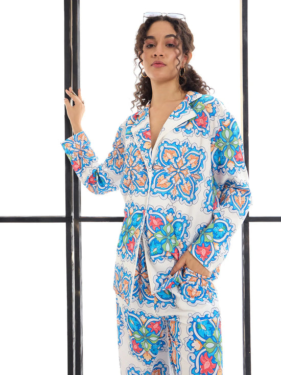 Women Blue & White Floral Lounge Shirt With Pants-SFSETS95982