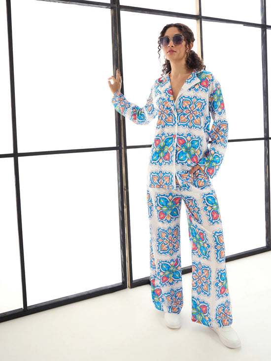 Women Blue & White Floral Lounge Shirt With Pants-SFSETS95982