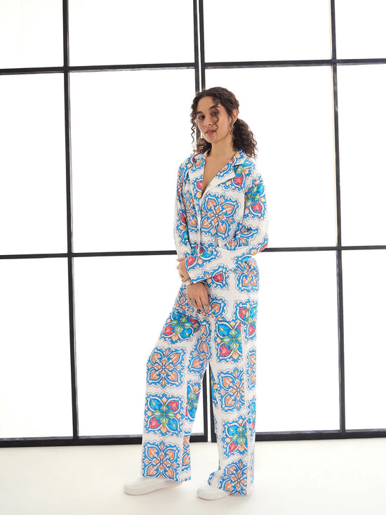 Women Blue & White Floral Lounge Shirt With Pants-SFSETS95982