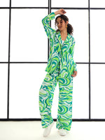 Women Green Abstract Print Lounge Shirt With Pants-SFSETS95983