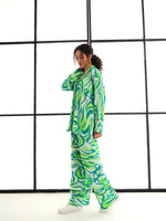 Women Green Abstract Print Lounge Shirt With Pants-SFSETS95983