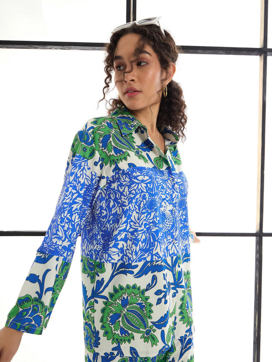 Women Green & Blue Floral Lounge Shirt With Pants-SFSETS95992