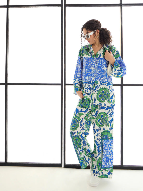 Women Green & Blue Floral Lounge Shirt With Pants-SFSETS95992