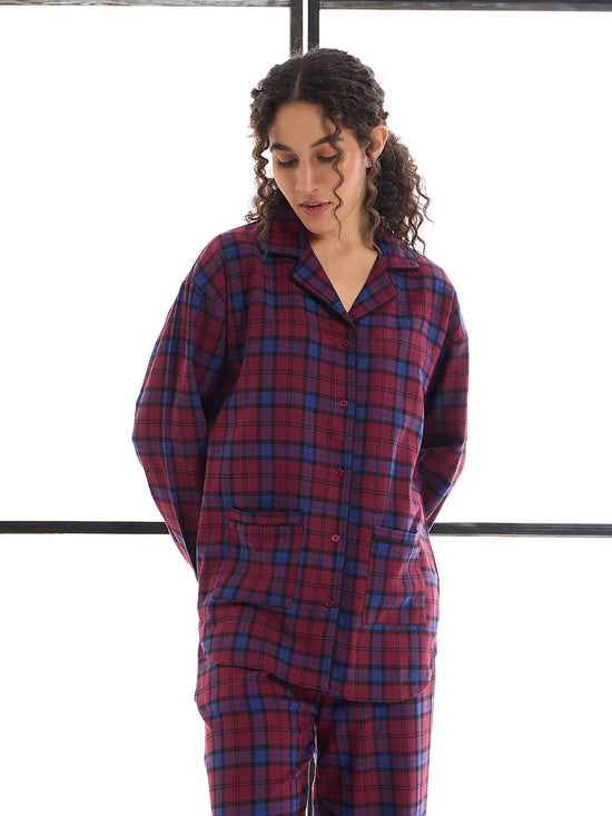 Women Maroon & Blue Check Lounge Shirt With Pants-SFSETS95999