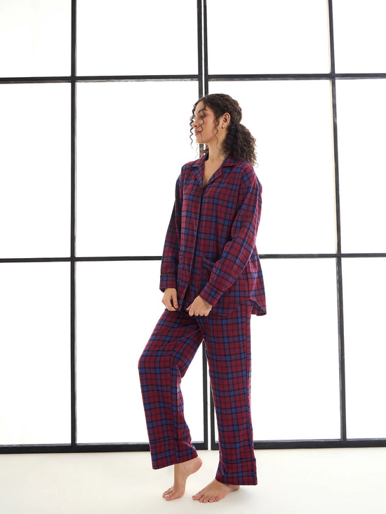 Women Maroon & Blue Check Lounge Shirt With Pants-SFSETS95999