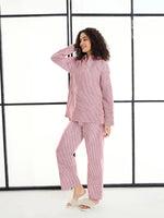 Women Maroon & White Stripes Lounge Shirt With Pants-SFSETS96002