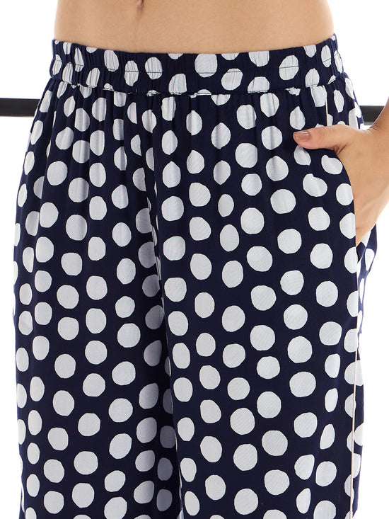 Women Blue & White Polka Dot Lounge Shirt With Pants-SFSETS96003