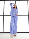 Women Blue & White Satin Lounge Shirt With Pants-SFSETS96009