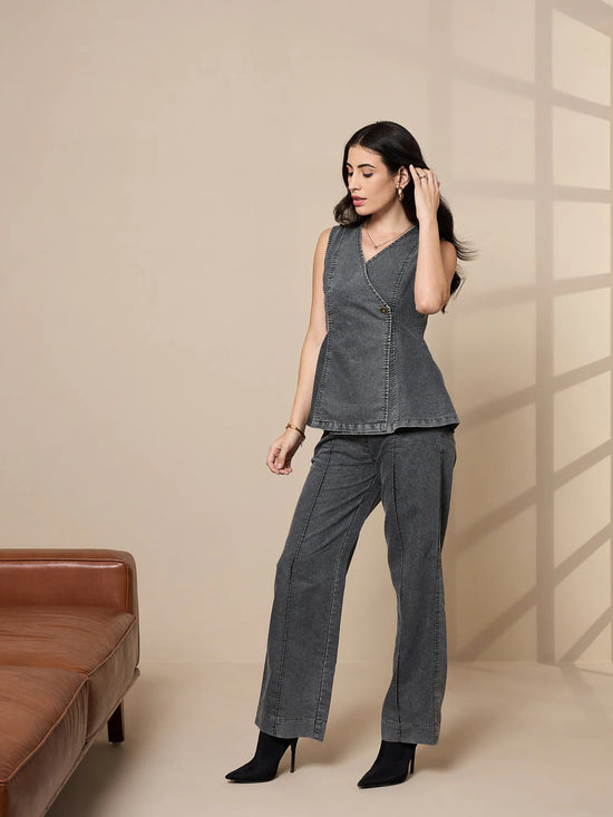 Women Black Washed Tencel Vest Top With Pants-SFSETS96013