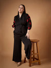 Women Black Embroidery Sleeves Top with Straight Pants-SFSETS96034