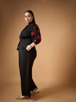 Women Black Embroidery Sleeves Top with Straight Pants-SFSETS96034