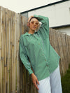 Women Green & White Stripe Oversized Shirt-SFSHRT20469