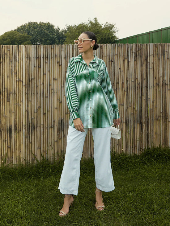 Women Green & White Stripe Oversized Shirt-SFSHRT20469