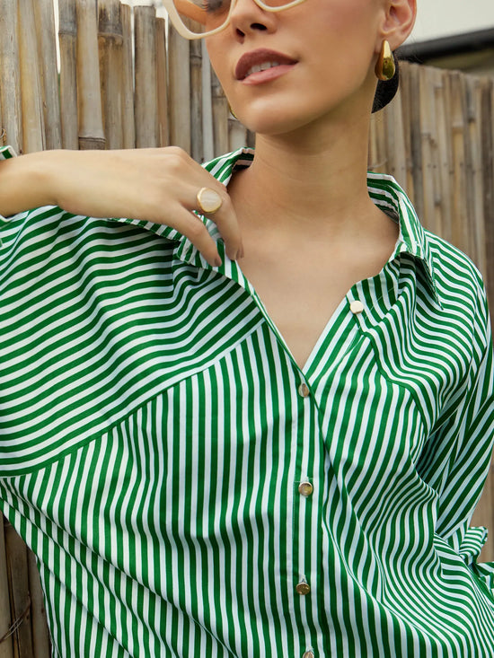 Women Green & White Stripe Oversized Shirt-SFSHRT20469