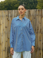 Women Blue & White Stripe Oversized Shirt-SFSHRT20470