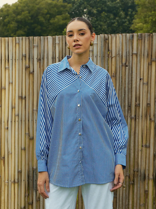 Women Blue & White Stripe Oversized Shirt-SFSHRT20470