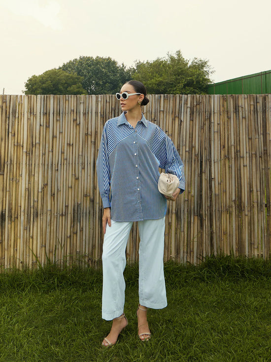 Women Blue & White Stripe Oversized Shirt-SFSHRT20470