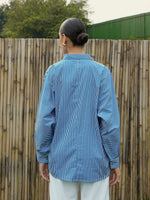 Women Blue & White Stripe Oversized Shirt-SFSHRT20470