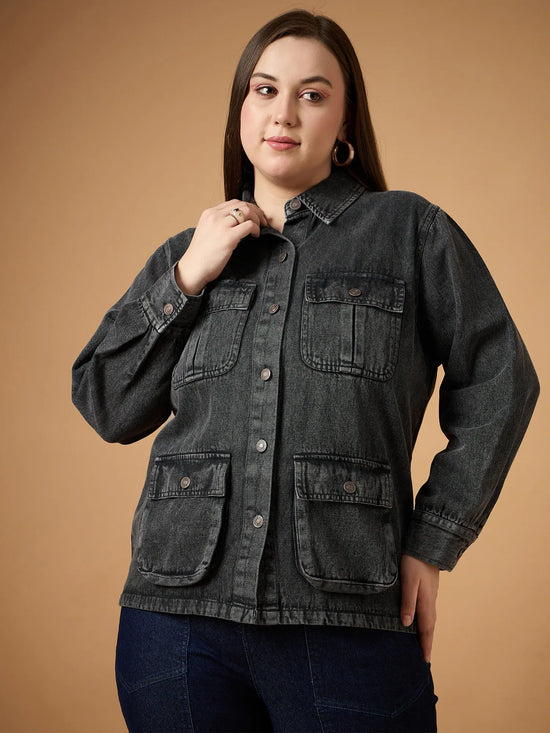 Women Black Acid Denim Wash Shacket-SFSHRT20474