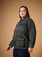 Women Black Acid Denim Wash Shacket-SFSHRT20474