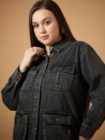 Women Black Acid Denim Wash Shacket-SFSHRT20474