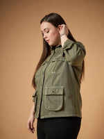 Women Olive Acid Denim Wash Shacket-SFSHRT20475