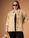 Women Beige Corduroy Front Button Shacket-SFSHRT20477