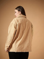 Women Beige Corduroy Front Button Shacket-SFSHRT20477