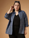 Women Blue & White Flannel Check Front Button Shacket-SFSHRT20480