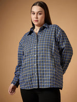 Women Blue & White Flannel Check Front Button Shacket-SFSHRT20480