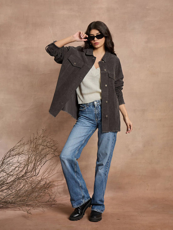 Women Dark Grey Corduroy Oversize Shacket-SFSHRT20524