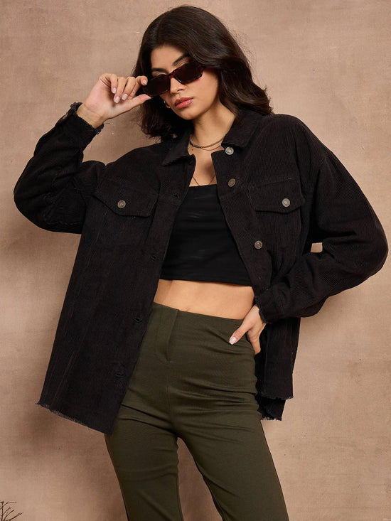 Women Black Corduroy Oversize Shacket-SFSHRT20526