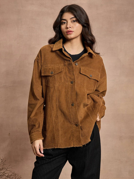 Women Brown Corduroy Oversize Shacket-SFSHRT20527