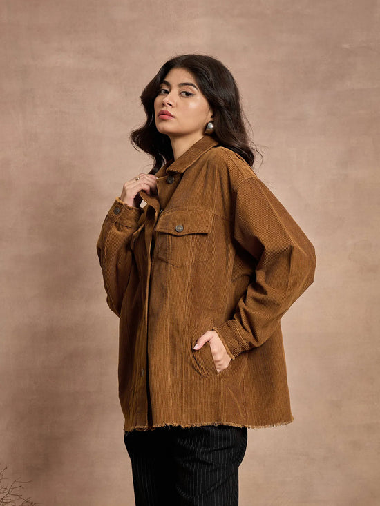 Women Brown Corduroy Oversize Shacket-SFSHRT20527