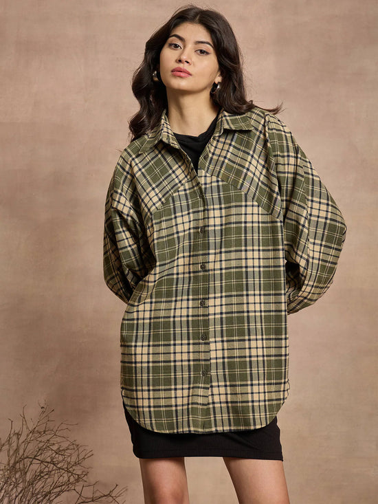 Women Green & Beige Checked Oversized Shirt-SFSHRT20531