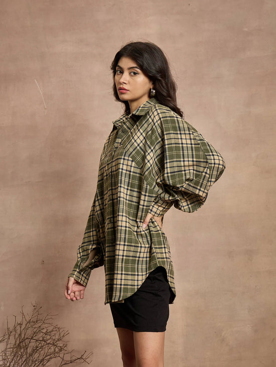 Women Green & Beige Checked Oversized Shirt-SFSHRT20531